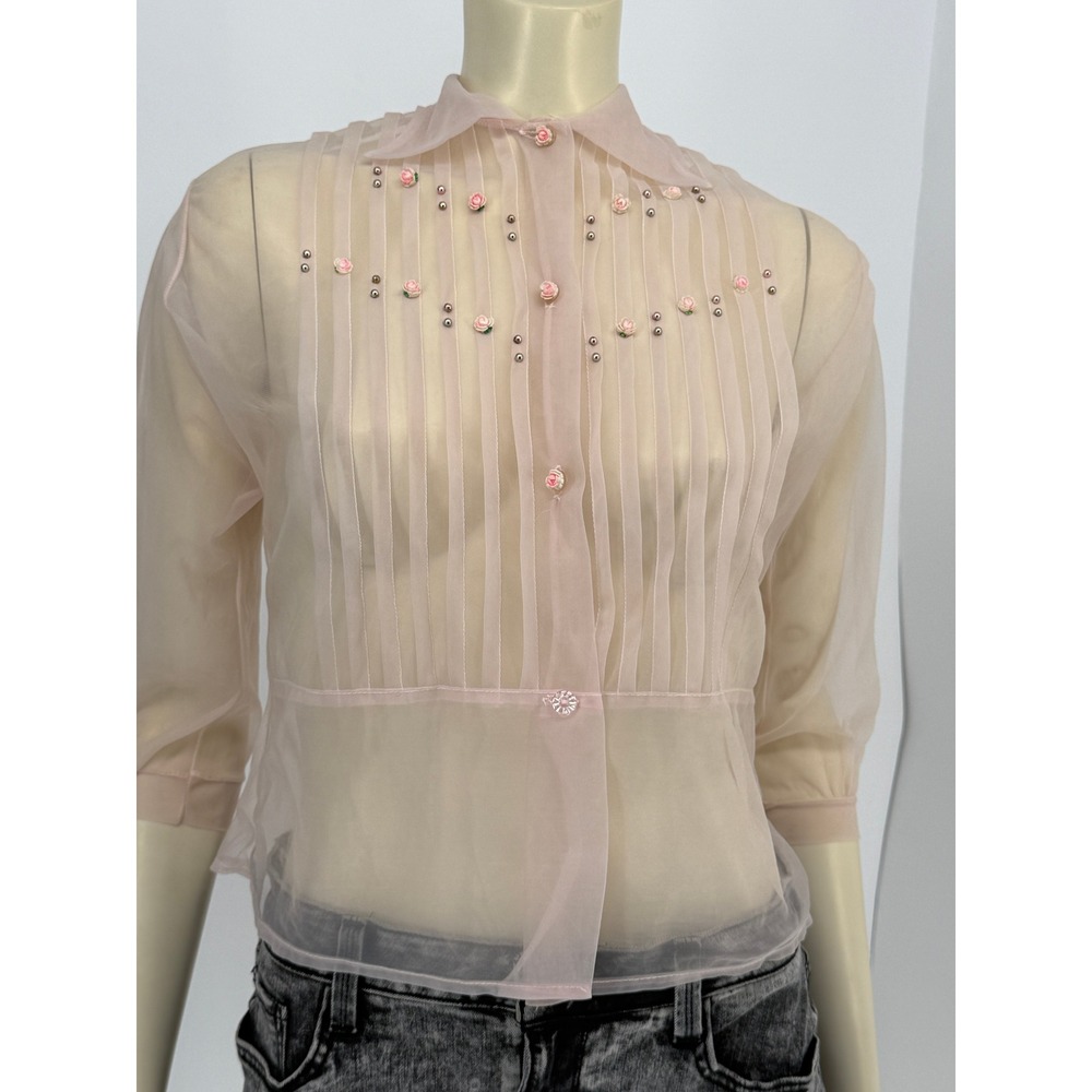 Vintage Sheer Silk Organza Pink Pintuck Blouse Rosette Bead Accent Puff Sleeve